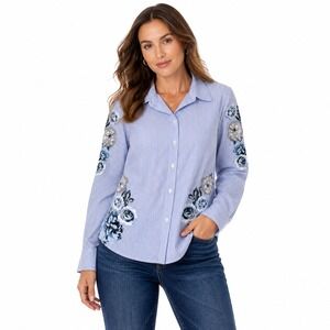 INC Womens Floral Embroidered Striped Button Down Blouse Sz PM Blue White Boho